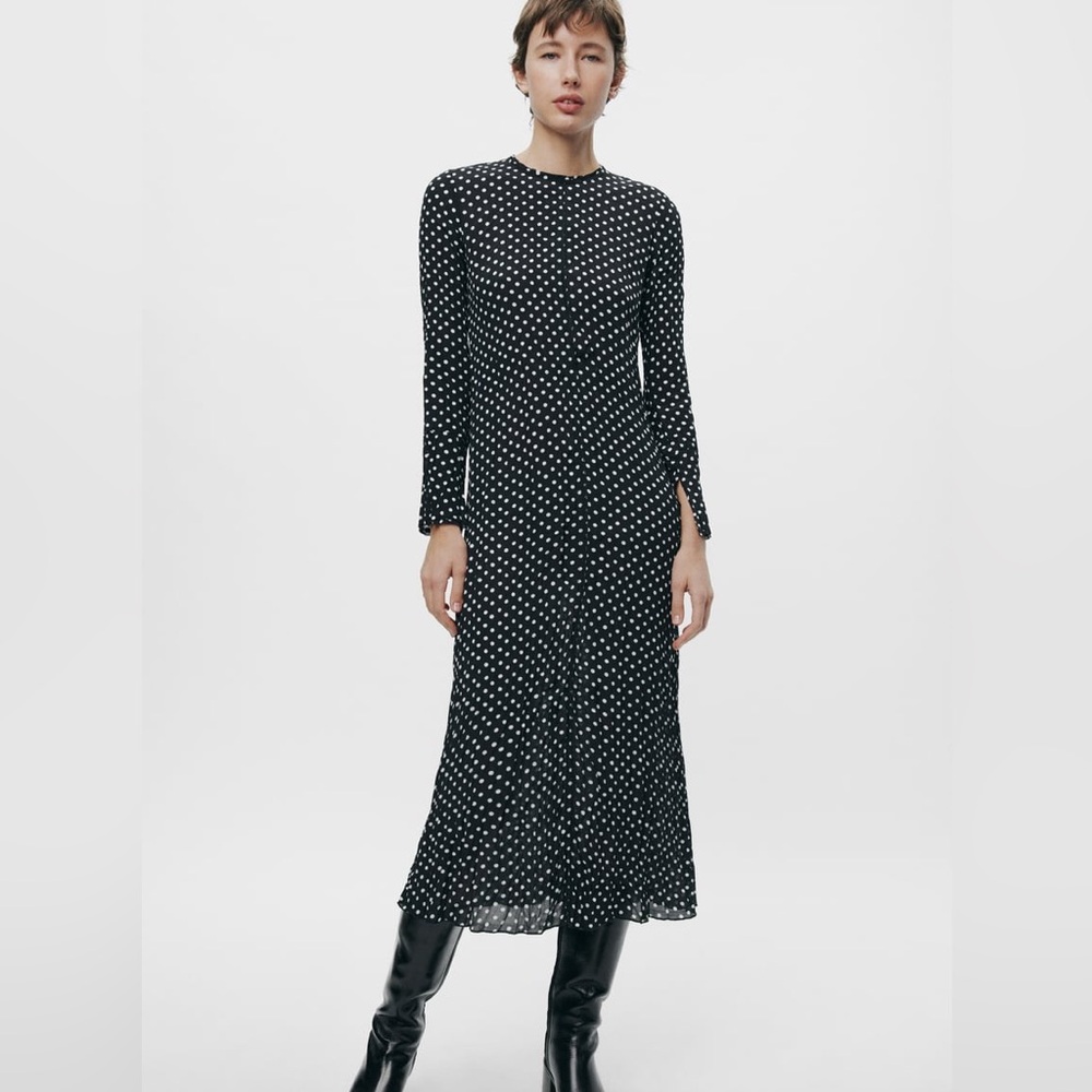 ZARA ZW COLLECTION CREASED POLKA DOT DRESS ~ Size S~ BLACK